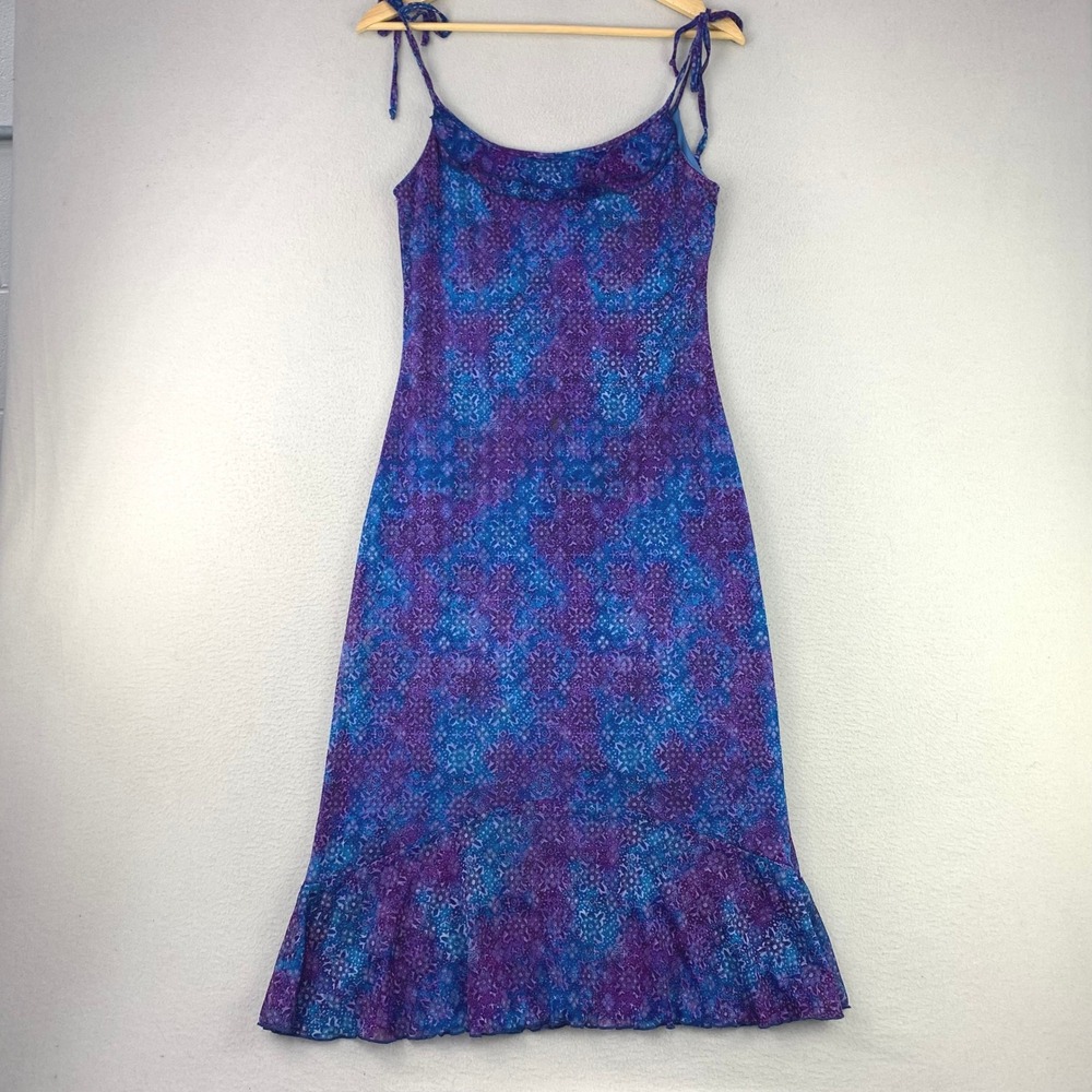 Vintage Y2K Babydoll Midi Dress Womens M Up Front Purple Blue Mesh Ruffle USA